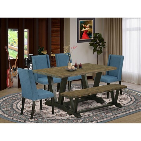 East West Furniture 6 Piece V-Style Amazing Dining Room Set - Wire Brushed Black V676FL121-6